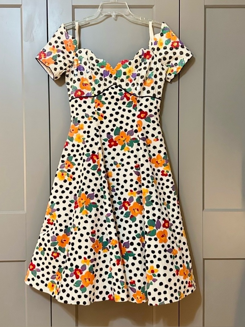 Vintage 1980s Karen Lucas For Niki Floral Polka Dot Party Dress Knee Length Sz 4